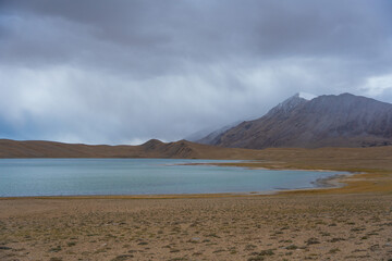 the road,  the mountain, and Tso Kar lake, Beautiful scenery along the way at Ladakh, India