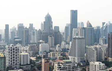 High-angle view panorama of modern buildings architecture and skyscrapers in Bangkok city. Skyline of metropolis