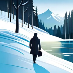 Vector illustration of  a man walking in the snow built with Generative AI. 