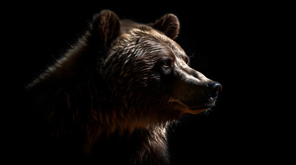 Close up of Brown bear in the dark black background with low light and high contrast. Created with generative AI technology