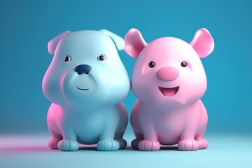 Cute cartoon couple of animals on pure background. 3D illustration.
