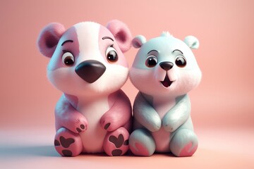 Cute cartoon couple of animals on pure background. 3D illustration.