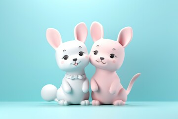 Fototapeta premium Cute cartoon couple of animals on pure background. 3D illustration.