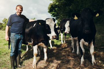 Portrait, agriculture and cows with a man on a farm outdoor for beef or natural sustainability....