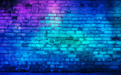 Fototapeta na wymiar Neon brick wall background with purple and blue lights, color gradient bricks. Generative Ai Illustration. 