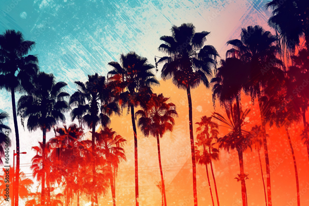 Poster a group of palm trees against a colorful sky. generative ai.