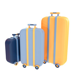 Three colorful suitcases with wheels 3d illustration