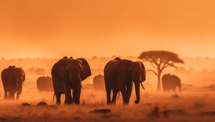 Fototapeta na wymiar African elephant herd grazing at sunset safari generated by AI