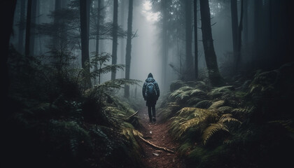 Men hiking in foggy forest, a mystery generated by AI
