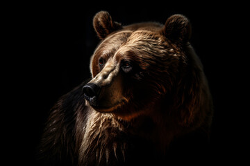 Close up of Brown bear in the dark black background with low light and high contrast. Generative AI