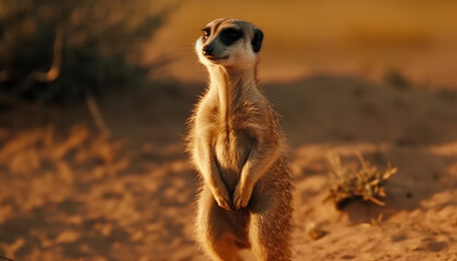 Fototapeta premium Meerkat standing alert, watching nature beauty at dusk generated by AI