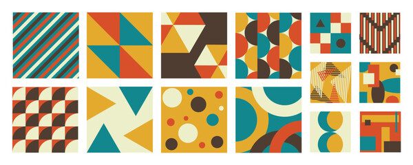 Set of geometric pattern element in 70s style. Retro groovy abstract collection of vibrant colorful shapes, circles, polygon. Modern trendy illustration design for cover, fabric, poster, wall art.