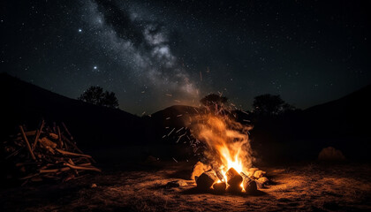 Men hiking mountain, campfire glowing in dark generated by AI