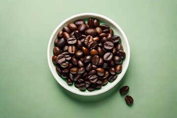 Fototapeta premium Coffee beans on pastel color background. Top view.