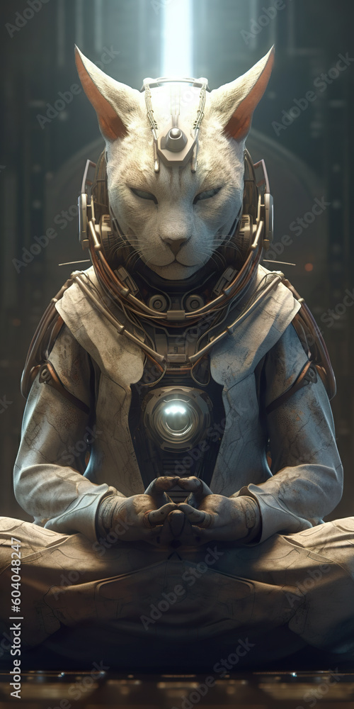 Poster a cat in a space suit sitting on a table. generative ai.