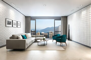 Naklejka na ściany i meble Interior design with modern room with white brick wall. Modern living room
