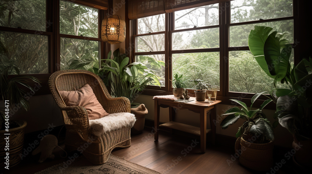Poster a living room with a chair and a table. generative ai. lamp illuminating reading nook by large windo