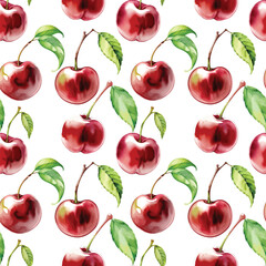Seamless watercolor cherry pattern. Repeat pattern.