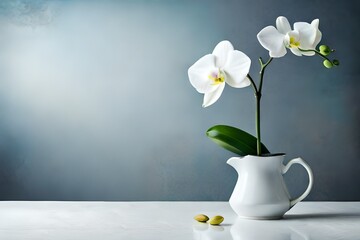 White orchid flower on a white textured background, space for a text. Large white Orchid flowers in the panoramic image. Panorama, a banner with space for text or insertion.