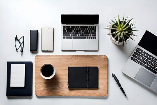 Minimal workspace - Photo of creative lying down desk. Top view of office desk with laptop, notebook and coffee cup on white background.