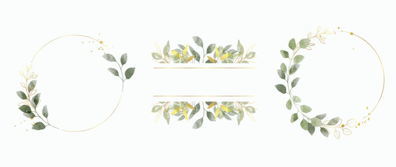 Luxury botanical gold wedding frame elements on white background. Set of polygon, circle, glitters, leaf branches. Elegant foliage design for wedding, card, invitation, greeting.