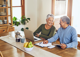 Finance, laptop and happy senior couple with bills, paperwork and documents for life insurance. Retirement, pension and elderly man and woman on computer for mortgage payment, investment and budget - obrazy, fototapety, plakaty