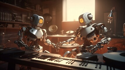 Fototapeta na wymiar A Futuristic robots with headset creating a soundtrack 