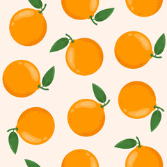 Oranges seamless pattern. Whole ripe oranges with green leaves on pastel background. Summer fruits theme wallpaper.