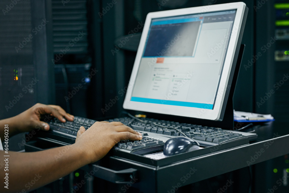 Poster hands, technician or coding on computer in server room for big data, tech glitch or digital website 