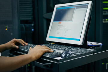 Hands, technician or coding on computer in server room for big data, tech glitch or digital website...