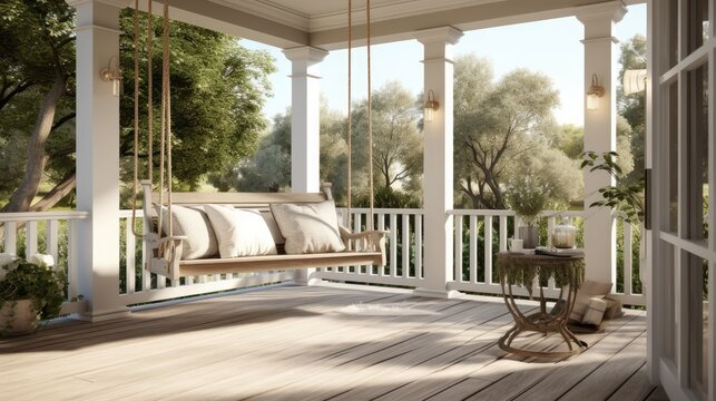 luxury house veranda with hanging swing. Generative AI