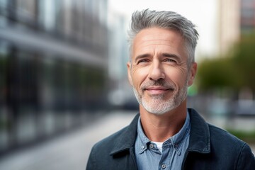 Gray-haired mature man in front of the camera. Ai generated.
