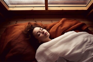 In the embrace of dawn's gentle rays, the girl finds solace, daydreaming on her cozy bed by the window. Ai generated.