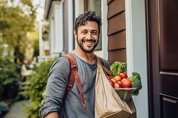 Man comes home with fast delivery food packages. Ai generated.