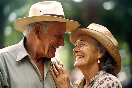  Senior couple smiling at each other in park romantic. Generative Ai Illustration.