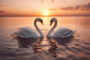 Fototapeta premium Two swans, facing each other, form a romantic heart shape, at sunset. Ai generated.