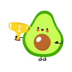 Avocado hold gold trophy cup. Vector hand drawn cartoon kawaii character illustration icon. Isolated on white background. Avocado with winner trophy cup