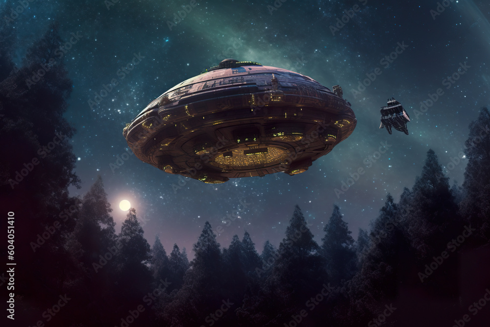 Poster a spaceship flying over a forest at night. generative ai.