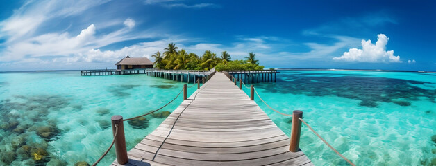 Panoramic tropical pier extending into ocean, perfect for summer travels and getaways, generative AI