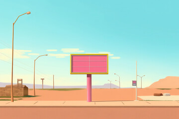Generative AI illustration of empty advertising signboard with street light pole against cloudless blue sky in sandy countryside on sunny day
