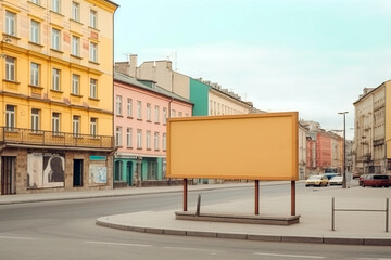 Generative AI illustration of empty billboard placed on asphalt road near residential buildings against blue sky in city