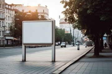 Generative AI illustration of empty billboard placed on asphalt road near residential buildings against blue sky in city