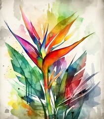 Multicolored watercolor of bird of paradise plant painting design for invitation cards cover wallpapers, textiles, fabric. generative ai