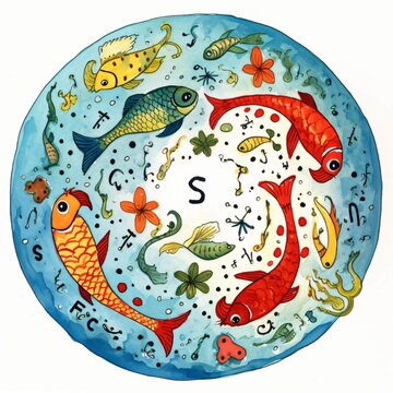 Pisces zodiac sign vector image, illustration design icon, wallpaper, stars, night, Generative AI