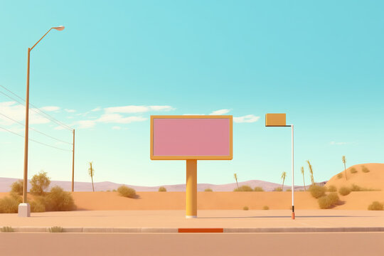 Generative AI illustration of empty advertising signboard with street light pole against cloudless blue sky in sandy countryside on sunny day