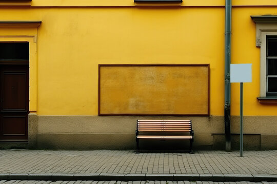 AI generated illustration of bus stop with empty advertising banner and benches placed on cobblestone pavement on city street