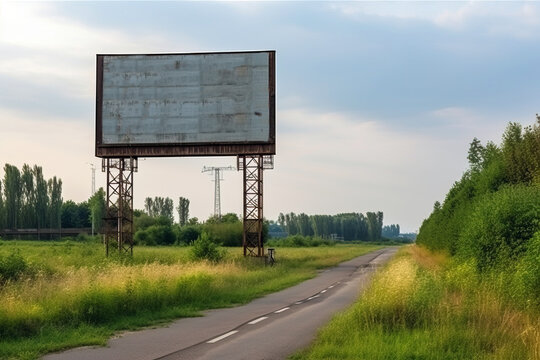 Generative AI illustration of tall empty billboard placed on green meadow near empty road going through scenery in countryside against cloudy sky
