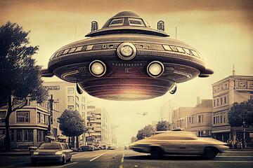 Fototapeta na wymiar A vintage-style illustration of a UFO spaceship soaring above a bustling cityscape, capturing the essence of early 1900s photography, generative ai