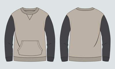 Two tone color Long sleeve Sweatshirt technical fashion flat sketch vector illustration template front and back views. Fleece jersey sweatshirt sweater jumper for men's and boys.
