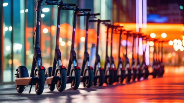 Row of electric scooters parked in the city. Generative AI.